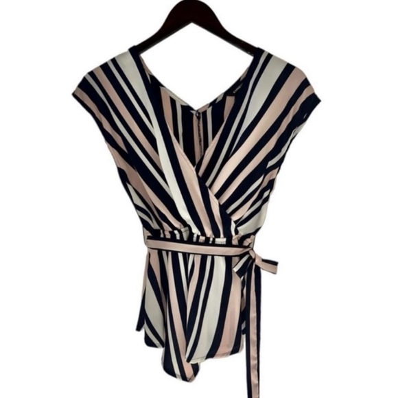 Express Navy Light Pink White Stripe V-Neck Short Sleeve Wrap Top Size Small - Picture 2 of 8